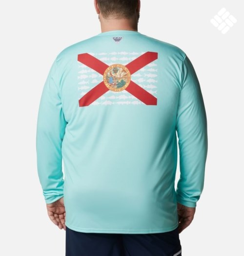 Men's Columbia PFG Terminal Tackle Fish Flag Long Sleeve Sweatshirts Turquoise | Plus Size CA-J0634